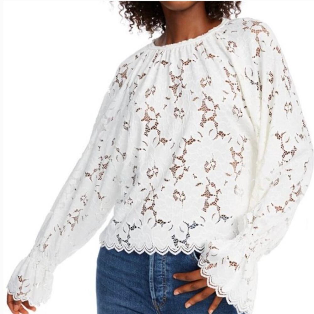 Free People Olivia Lace Long Sleeve Blouse Top Sheer Women's M Romantic